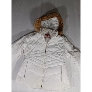Anne Klein Jacket Womens Large White Down Puffer Hooded Fur Trim Zip Coat